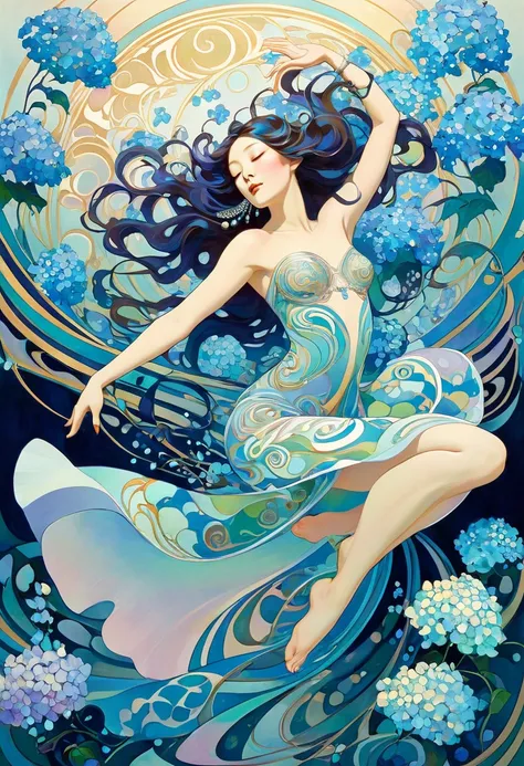  Masterpiece, Hallucinatory, Tsuruta Ichiro Style Beauty Painting , Hypnotic Patterns , Abstract, Euphoric,  Fluid Shapes , Art Nouveau Painting , Hydrangea,  jewelry, passion,  flat illustration .  negative space in the shape of a dancing woman's body, go...