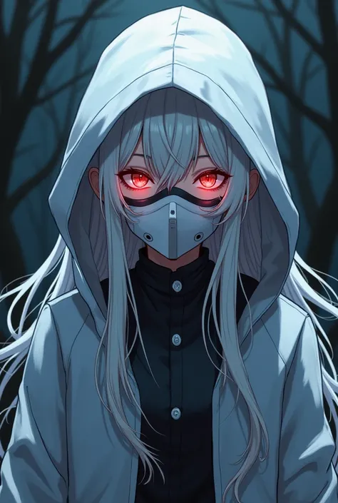  Anime with a sickle and a sword in a dark room,  a character portrait inspired by Li Chevalier , pixiv, fantastic art,  white-haired divinity , portrait of a female mage, she ,   and two eyeglass lenses sewn into the white mask on the hood,  a detailed pa...