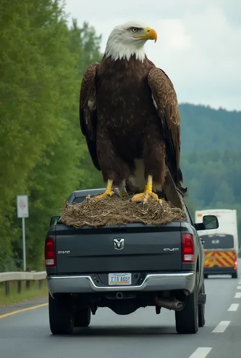 A giant eagle stands on top of the tub of a pickup car.  The eagle perches on a platform with its paws tied by a safety rope . Vehicle drove on motorway surrounded by green trees.  The eagle's expression looks fierce with a sharp gaze and strong posture . ...