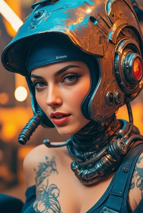 The image features a beautiful woman with a lush face and a challenging look at the viewer with a futuristic helmet that covers much of her head.. This helmet is finished in a weathered, rusty bronze tone that subtly shimmers under the light.. 
Helmet deta...