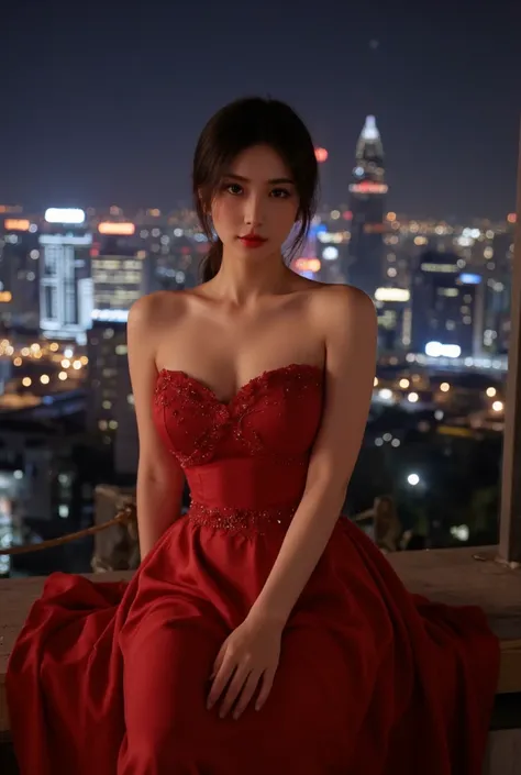 A beautiful woman in an enchanting red dress poses against the backdrop of the city at night、 cinematic lighting 