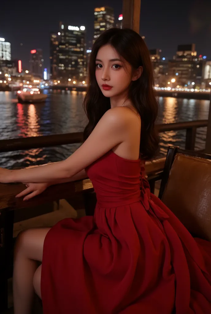 A beautiful woman in an enchanting red dress poses against the backdrop of the city at night、 cinematic lighting 