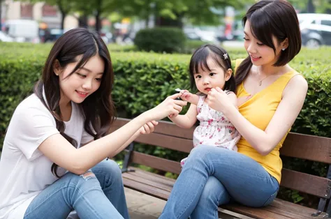 Indonesian girl Hairstyle Casual,  wearing casual uptown  with her  little daughter at park