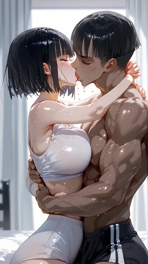 One Girl、A fat middle-aged old muscle man、(kiss:1.5)、(hug)、White gym clothes、One Curl Bob Cut, Highest quality、Black Hair、Sweaty body、Obscene sound effects、Japanese Moans、(tears)、Big Breasts、(whimper)