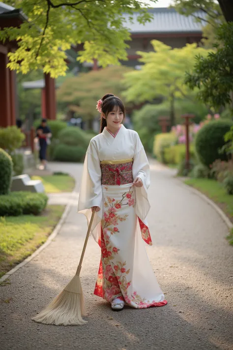  a young shrine maiden in a traditional Japanese kimono、I'm sweeping the path with a bamboo duster. She's smiling and having fun . look,  top quality,  high detail, 