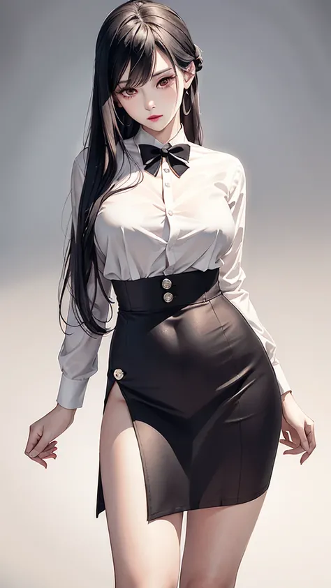  masterpiece, Excellent 1 woman,black lace garter socks,slit hip wrap skirt, Button up the shirt forever untie the third , Ink Painting,  mature women, Woman with wavy maroon hair that hangs to the waist, long hair,  Hair Over Shoulder ,  pale pink lips, i...