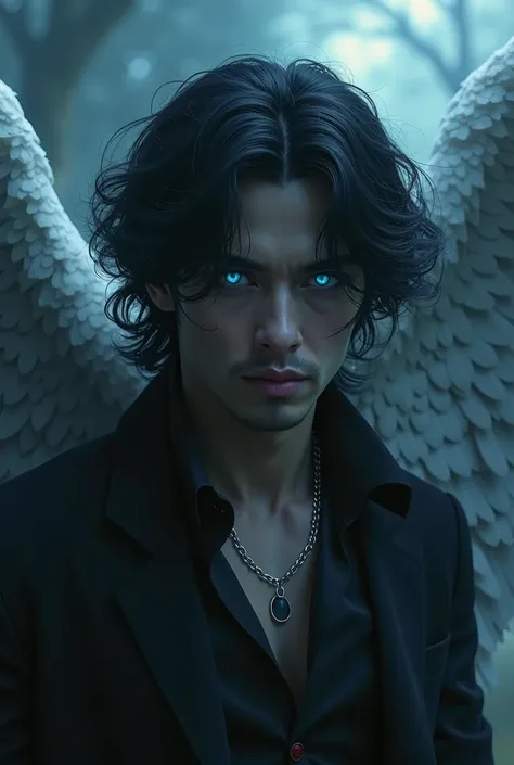 Create a Fallen Angel for me now human, male, with masculine traits,42 years old , high, beautiful , with wavy black hair up to the neck and eyes as blue as deep sapphires,  humanized .