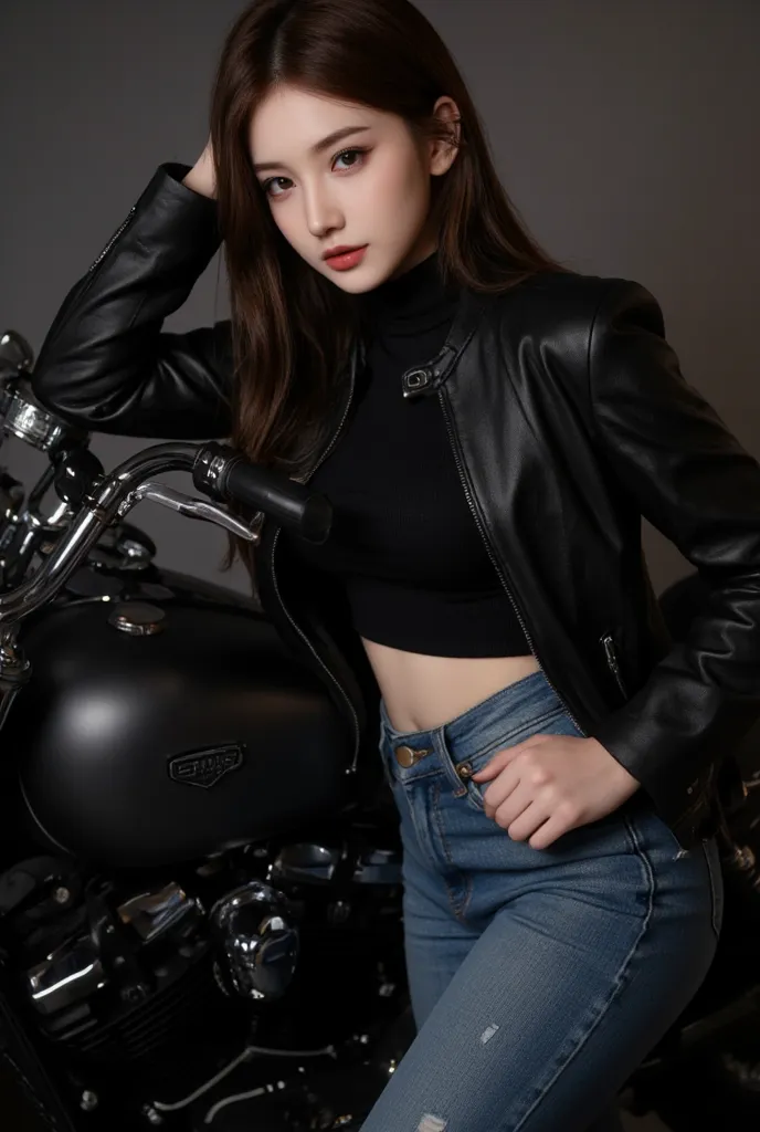 Stylish scene of a cool woman wearing a leather jacket and jeans leaning on a motorcycle