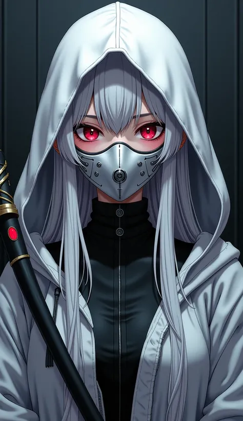  full body , Anime with a sickle and a sword in a dark room,  a character portrait inspired by Li Chevalier , pixiv, fantastic art,  white-haired divinity , portrait of a female mage, she ,   and two eyeglass lenses sewn into the white mask on the hood,  a...