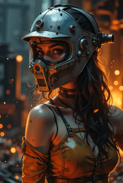 a sexy girl wearing a welding helmet, detailed facial features, intricate metallic textures, sparks and flames, industrial setting, dramatic lighting, cinematic composition, digital art, photorealistic, 8k, highly detailed