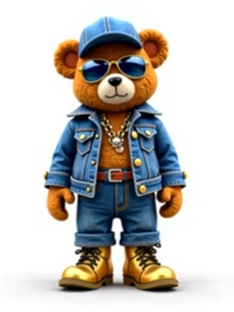 A teddy bear in stylish clothes stands on a white background.   he has a denim jacket and jeans, gold boots and chains .  The bear wears a blue cap and mirrored sunglasses. And she shows off her denim suit with all her appearance