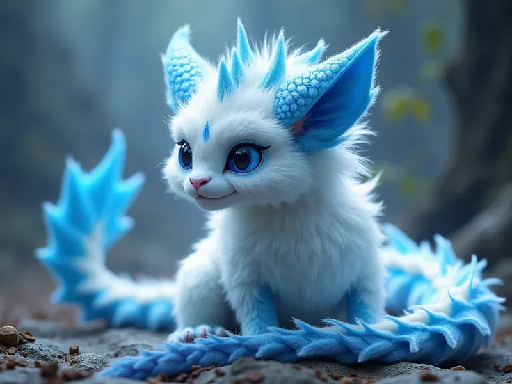 A white dragon with blue colors, furred dragon, fluffy, furry, feral dragon, blue eyes, blue dragon ears, long tail, charming