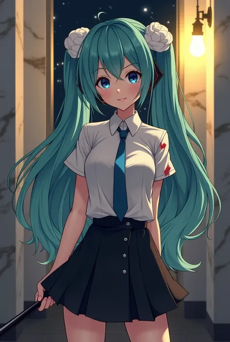      Hatsune Miku wearing a white shirt with buttons and short sleeves ,   black skirt,   in a building,   in a bedroom and white marble walls, Tooth and modern window  , Black floor , Yellow lighting, night sky,       light bulb , Details of a white pompo...