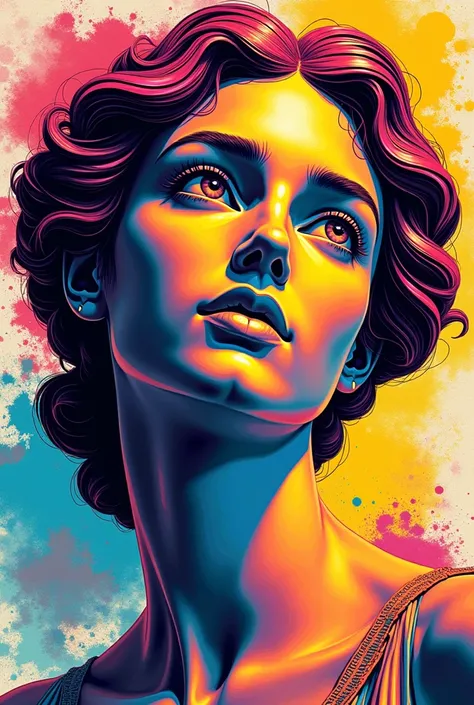 Terpsichore goddess of dance statue head in three quarters pop art style print splashes of paint