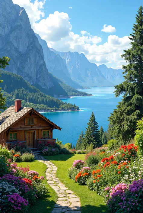 Great exqomse of the sea visible through a montuoan valley with a beautiful cottage and garden in the foreground.
