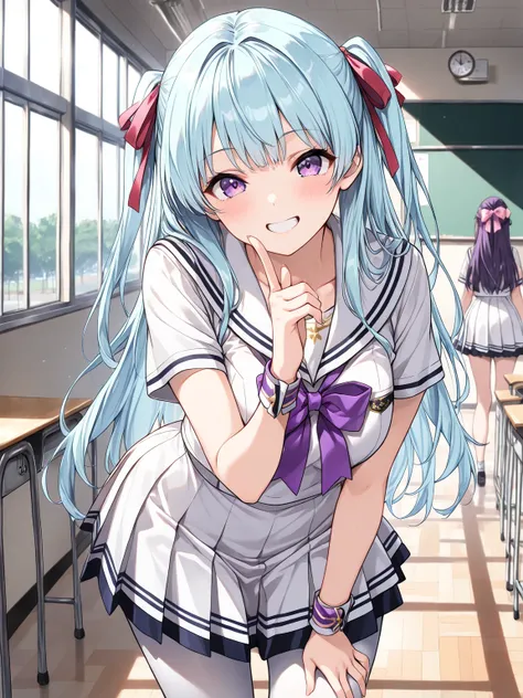 ((masterpiece, best quality, extremely detailed)), 1girl, light blue hair, long hair, purple eyes, hair ribbon, idol, school uniform, white pantyhose, grin, school, looking at viewer,