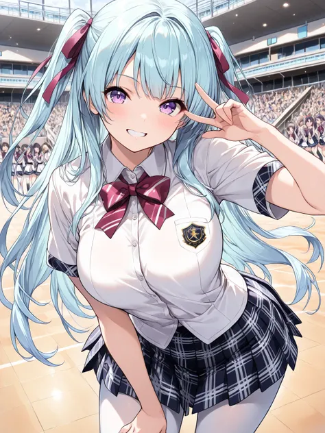 ((masterpiece, best quality, extremely detailed)), 1girl, light blue hair, long hair, purple eyes, hair ribbon, idol, school uniform, white pantyhose, grin, school, looking at viewer,