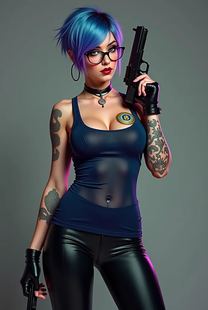 Woman, 45 ans , Athletic, short blue and purple punk hair , tattoos, black choker, black eyeliner, dark red lips , black lycra leggings, dark blue skinny sheer blouse, LGBT logo on her wrist, holding a gun in one hand, round glasses, showing her FBI badge ...