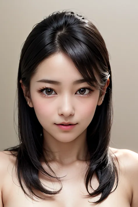 (( naked woman's upper body  :1.4)), 1 person,  black hair,   Belly Shortcuts,    not wearing clothes ,　normal arm  ,   high resolution face and skin texture  ,   cool face ,   below is staring at the camera  ,     Japanese,    perfect beauty  : 1.4, fine ...