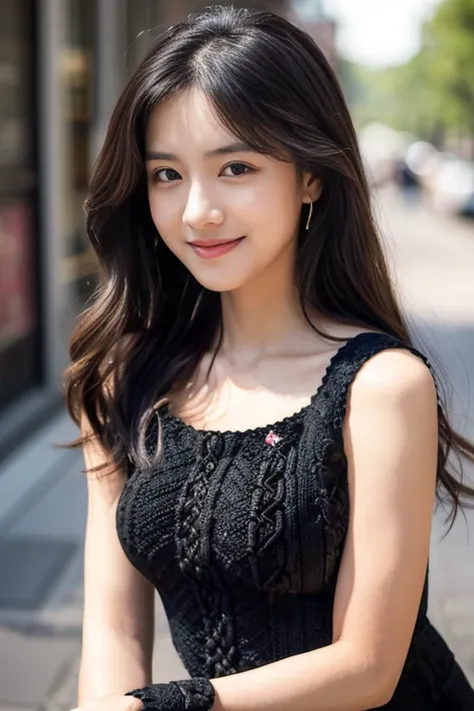 (( top quality、8k、 masterpiece:1.3))、 sharp:1.2、 Perfect Body Beauty :1.4、 slender body :1.2、 beautiful face、 medium breasts、 cute smile、 female in her 20s、(black knitted mini dress:1.5)、( shopping:1.2)、 medium long hair、cute maroon hair 、  very detailed f...