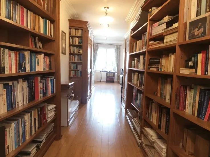 clean, tidy, narrow aisle in my grandmother's country home.  Bookshelf beside staircase is filled with wisdom books.