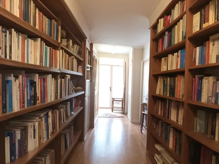 clean, tidy, narrow aisle in my grandmother's country home.  Bookshelf beside staircase is filled with wisdom books.