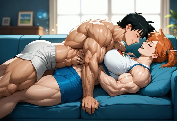 1boy, black hair, short hair, brown eyes, hair between eyes, ash ketchum, men shorts, shirtless, handsome boy, macho, good looking boy, lying relaxing 1girl, orange hair, side ponytail, green eyes, misty pokemon, white crop top, shorts, pretty, beautiful g...