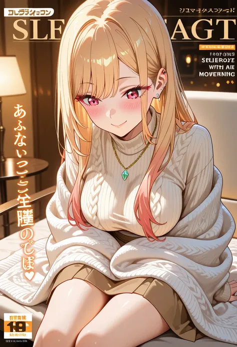 Marin Kitagawa, sitting on a lounge chair at a stylish café, casually adjusting the soft knit blanket draped over her lap, slightly leaning forward in concentration, looking down at the fabric with a relaxed expression, long sleek blonde hair softly framin...