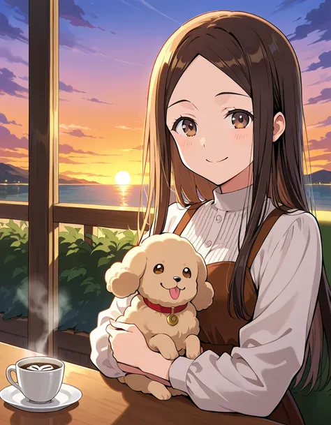  cute dark hair long straight brown eyes and a girl with round face is sitting in a cafe drinking coffee, sunset, A toothy smile and no bangs, Hold a poodle puppy in your arms