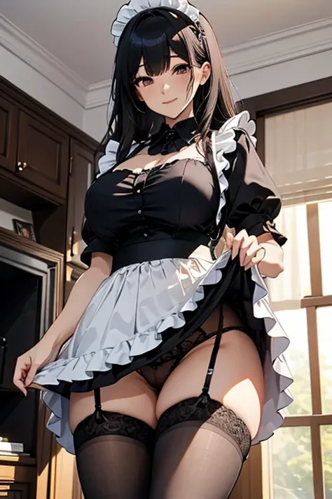 Age 30、 black hair、 long hair、 mature woman、 tall 、 whiplash outside the body、Not muscular、A little overweight、 very huge breasts、Very huge ass、 black stockings、Pampering smile 、Maid、 maid outfit、I'm blushing with excitement、I'm putting up a 、 skirt and sh...