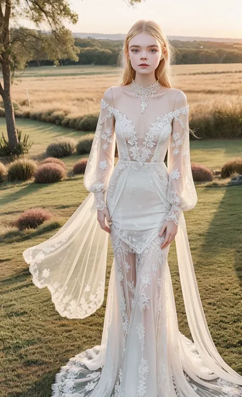 ELLE FANNING beautiful 24 year old young woman,  Bohemian style wedding dresses , formal style ,  with mermaid neckline , long sleeve,  sweep tail and lace with appliques, 2025 