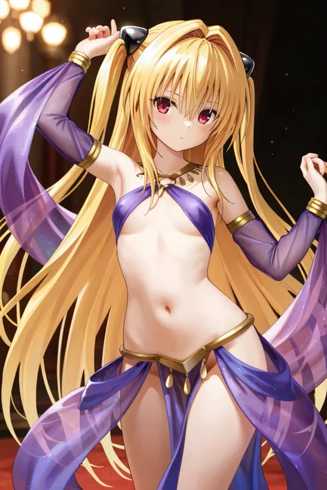 NSFW, Masterpiece, top quality, high res, very detailed, konjiki no yami \(ToLOVEru\), very long hair、 blond hair、 two side up、 hair ornament、 Hair Intake、 hair between eyes、bangs、 red eyes, dancer, Arabian Outfit