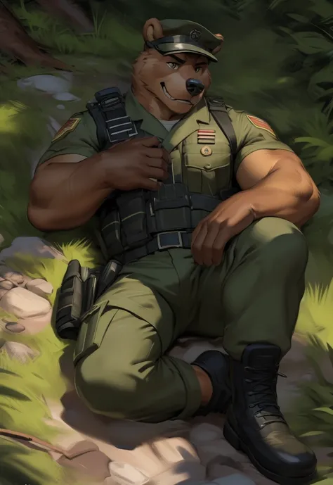 male, anthro, muscle, black green Army uniform , ( dog bear ),​Lying on the floor, marines outfit, marines,boot camp,half length portrait, , by zackary911, chunie, meesh, kiyosan, sigma x, bara, detailed background, Smirking ,​