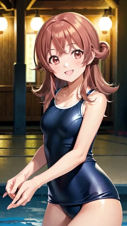  masterpiece,  top quality,  high res,  very well detailed,(((Kaho Komiya))), (((smile))), long hair, stupid hair,赤い髪, ,  Rose Tail ,  smile,   navy blue school swimsuit 、( One Piece Swimsuit )、((  old style school swimsuit)) ,,  night pool ,Five fingers
