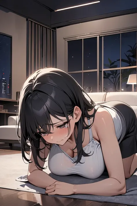  top quality,  masterpiece,   high res , 8k,   human anatomical model  ,  girl,  alone, cowboy shot, Black Hanging Eyes , (((  black hair))),  A married woman with beautiful breasts , (((Living room at night))), ( A casual nighttime), Prostration,  sheddin...