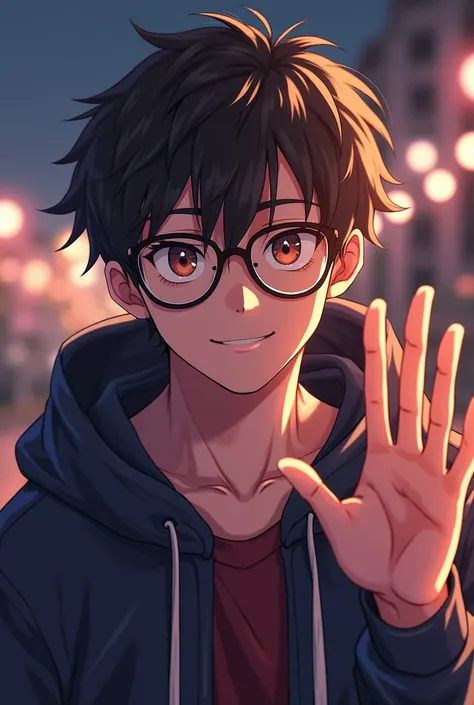 Handsome anime nerd, he is a grown man, wearing a hoodie and is reaching to the camera with a fond look behind his glasses. His glasses compliment his look in a trendy way and he is built handsome. Background would be like a date scenery.