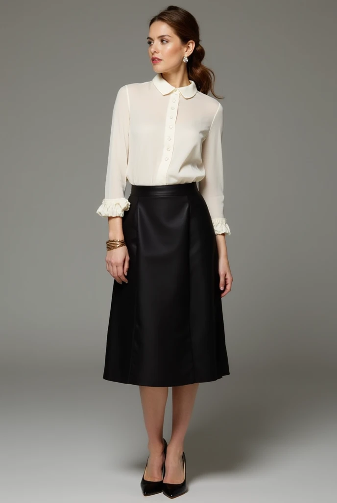 Top: A high-quality ivory silk or satin blouse with a high neckline and delicate buttons.
Bottom: A well-tailored A-line or midi-length wool or satin skirt in a neutral color (navy, black, or deep burgundy).
Shoes: Classic pointed-toe pumps in nude or blac...