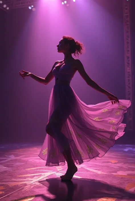 Create a vertical phone image .  Integrate StormFab writing into the image without being too flashy . The theme is a woman practicing to dance on a dance floor.. Dominance de couleurs violet et or

