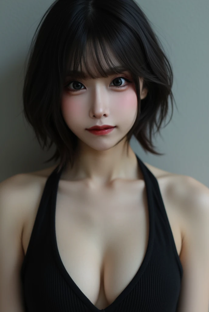 Dark-haired Japanese woman with short bob
My breasts are small and around 20 years old
Her eyes are clear and she wears clothes that are based on black