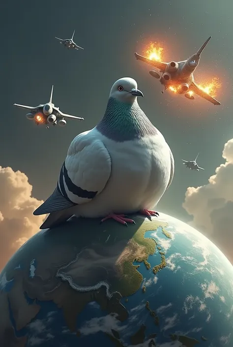 a big fat pigeon in the toilet on top of the planet earth while 2 fighter jets crash in the background