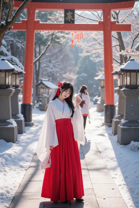 a beautiful 18 year old girl、 She stands gracefully in a quiet shrine wrapped in snow .  and white confetti dances lightly ,  snowflakes fluttering gently  (kimono-style top)  She is wearing flowing sleeves and a bright red hakama ( long pleated skirt). He...