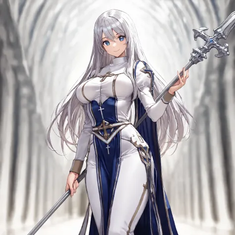  1girl  , silver long hair , twintales , blue eyes ,midium breasts ,smile , standing , priest , have spear left hand,((anatomically accurate)),master piece ,( top quality,4K,8k, Hi-Res, Masterpiece:1.2), super detailed,Highly Detailed Face and Body ,lookin...