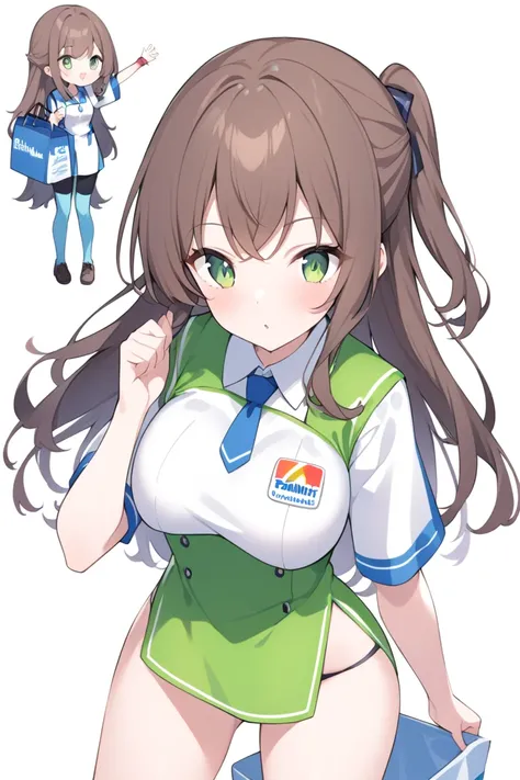 Girl working at convenience store、 facing the front、Combine FamilyMart uniforms with Lawson uniforms、Standing still、( female college student)、 no background、Sexy、hair brown、Light green eyes、Semi-long hairstyle、 half up、A  with an energetic personality、The ...