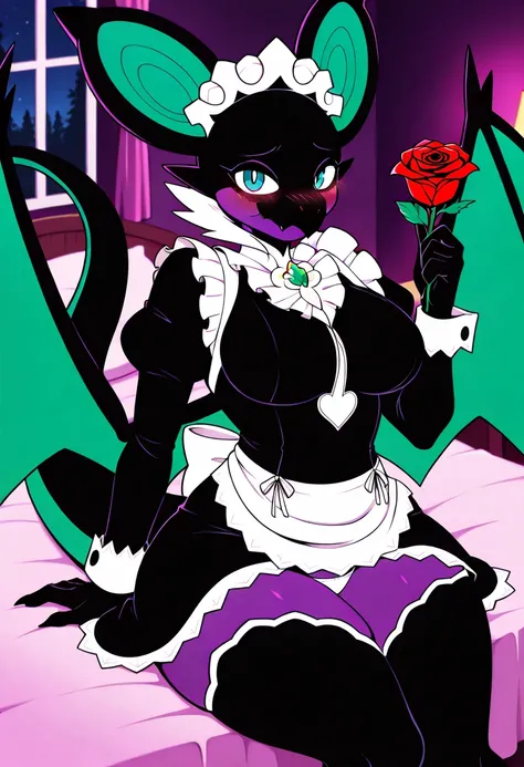 best quality, (anime style:1.3),(1girl,solo:1.2), uploaded on e621, female, solo, anthro, fur, feral, mammal, scalie, pokemon, noivern, two tone body, multicolored body, black and purple body, bald, big large breasts, maid apron, long black maid uniform, u...