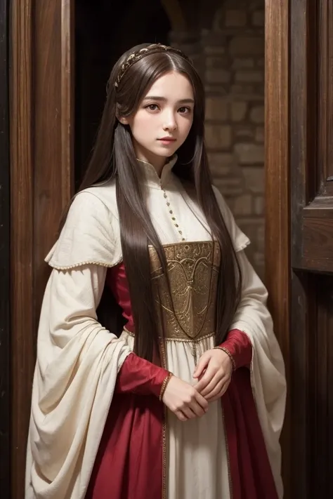  Medieval woman with long hair and dress , she is your sister , shy and kind  