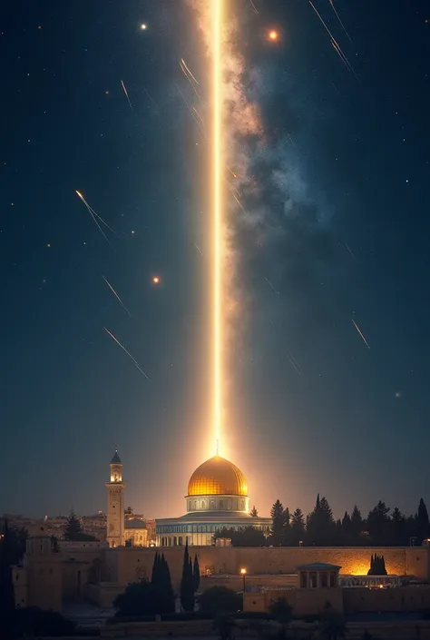 A beam of light coming out from the middle of the golden dome of Al-Aqsa Mosque, connecting it in the sky in a straight line on a night full of stars and meteors.