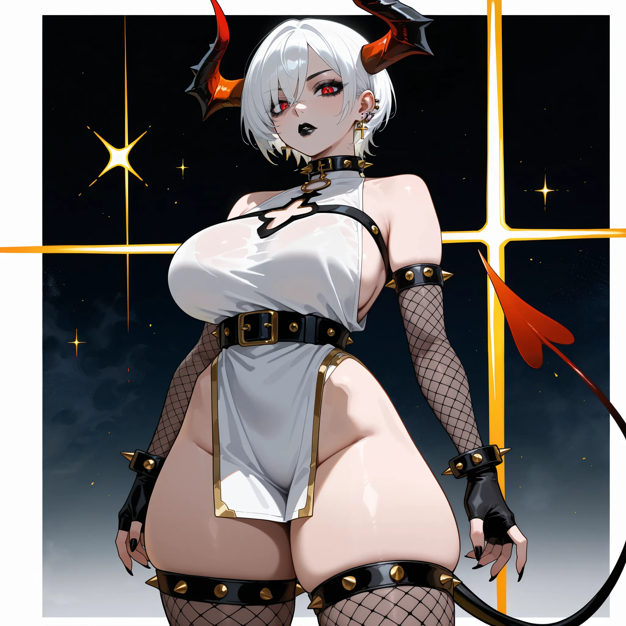 1girl, short hair, white hair, red eyes, white tunic with black lines and gold trim, cross cutout in the chest, large breasts, sleeveless, ((yellow detached horns)), ((black lips)), spiked bracelets, spiked choker, earrings, spiked ornament on one horn, th...