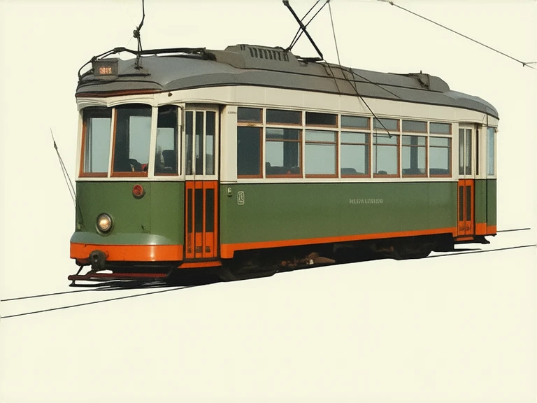 A vintage-style tram with a rounded body, large front headlight, and wide windows, reminiscent of mid-20th century streetcars. The tram is painted in nostalgic colors like cream and green or orange and beige. The roof features a classic pantograph, adding ...