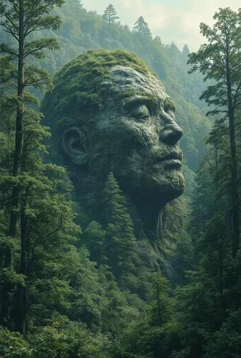 a giant face, an ancien creatures, he disguised himself as a hill, in a vast forest, his face was like a rock, he slept, his hair was green like the trees, a surreal image, dramatic lighting, hyper realistic, high detailed image.