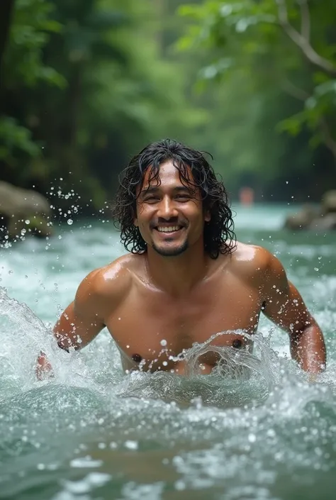  Indonesian man ,  40 years old ,  clean face , rather chubby ,  long curls , Playing water in a clear river, realistic photo, full hd.